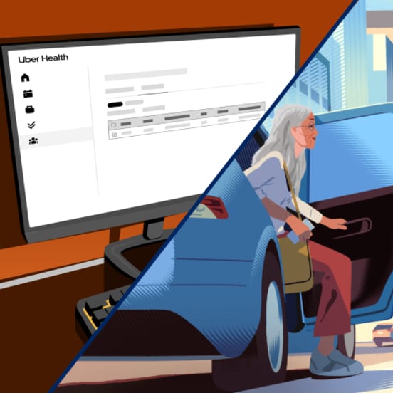 Geteiltes Bild mit Screenshot des Uber Health Dashboards und Illustration einer älteren Patientin, die aus einem Uber Fahrzeug aussteigt