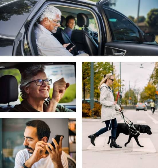 A mosaic tile showing 4 people of different lived experiences. The left tile shows an older man who is getting into a vehicle. The top-center tile shows a driver in a vehicle, smiling and using sign language. The bottom-center tile depicts a man who is deaf or hard of hearing, his phone placed closely to his ear. The right tile shows a woman walking through a pedestrian crosswalk with a white cane and a guide dog.